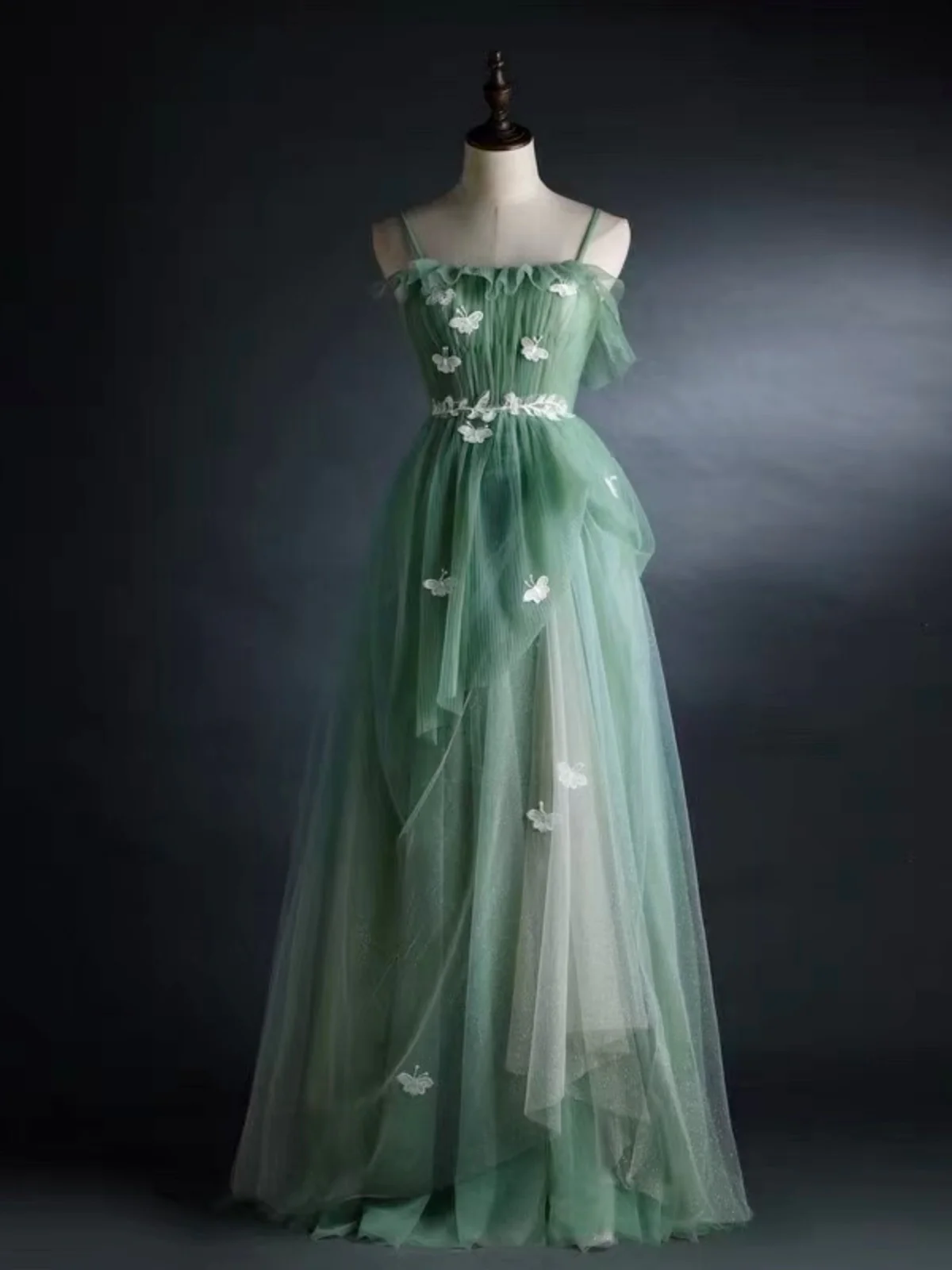 Layered Green Floral Long Prom Dresses, Green Layered Long Formal Evening Dress GG001