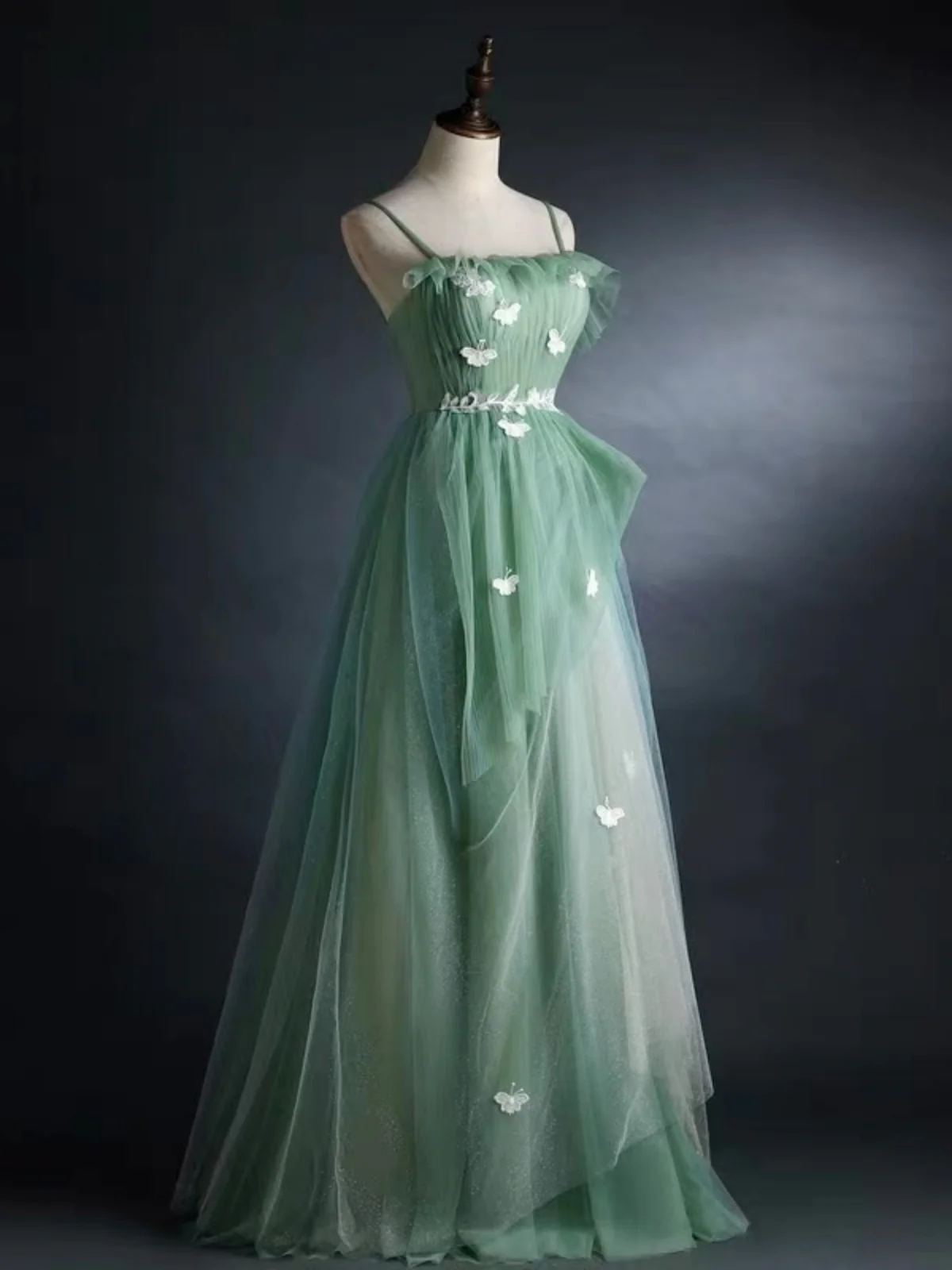 Layered Green Floral Long Prom Dresses, Green Layered Long Formal Evening Dress GG001