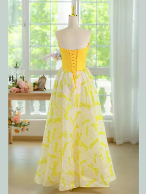 Elegant  Strapless Yellow Lace Floral Long Prom Dresses, Floral Formal Evening Dresses  GG024