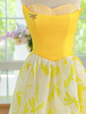 Elegant  Strapless Yellow Lace Floral Long Prom Dresses, Floral Formal Evening Dresses  GG024