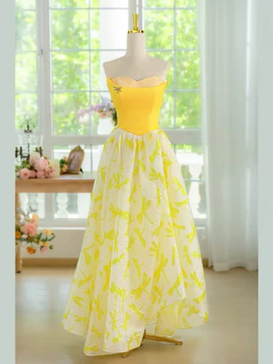 Elegant  Strapless Yellow Lace Floral Long Prom Dresses, Floral Formal Evening Dresses  GG024