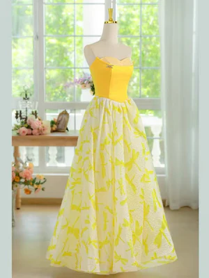 Elegant  Strapless Yellow Lace Floral Long Prom Dresses, Floral Formal Evening Dresses  GG024