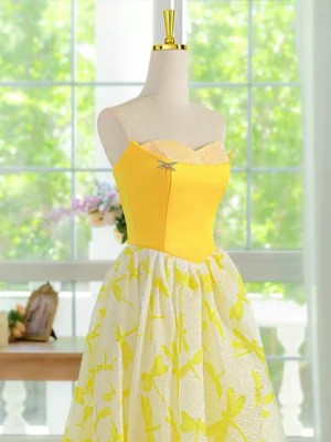 Elegant  Strapless Yellow Lace Floral Long Prom Dresses, Floral Formal Evening Dresses  GG024