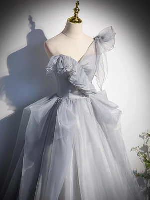 Sweet Gray One Shoulder Long Prom Dresses, Long Formal Graduation Dresses GG014