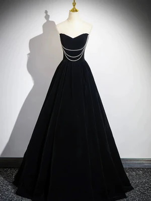 Sweet Off Shoulder Floor Length Beading Black Velvet Long Prom Dresses,  Formal Graduation Evening Dresses GG016