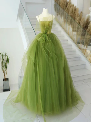 Delicate A Line Spaghetti Straps Green Tulle Long Prom Dresses, Green Tulle Long Formal Evening Dresses GG028