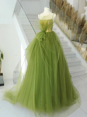 Delicate A Line Spaghetti Straps Green Tulle Long Prom Dresses, Green Tulle Long Formal Evening Dresses GG028