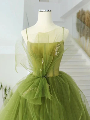 Delicate A Line Spaghetti Straps Green Tulle Long Prom Dresses, Green Tulle Long Formal Evening Dresses GG028