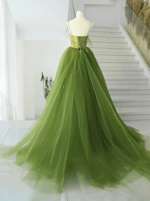 Delicate A Line Spaghetti Straps Green Tulle Long Prom Dresses, Green Tulle Long Formal Evening Dresses GG028