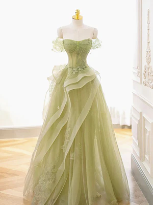 Elegant A Line Off the Shoulder Green Tulle Lace Long Prom Dresses, Formal Evening Dresses  GG037