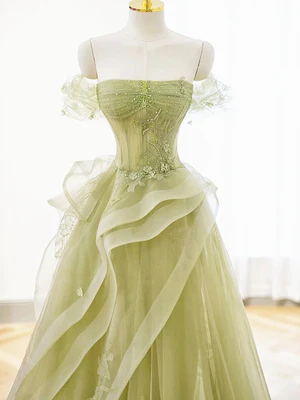 Elegant A Line Off the Shoulder Green Tulle Lace Long Prom Dresses, Formal Evening Dresses  GG037