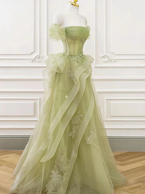 Elegant A Line Off the Shoulder Green Tulle Lace Long Prom Dresses, Formal Evening Dresses  GG037