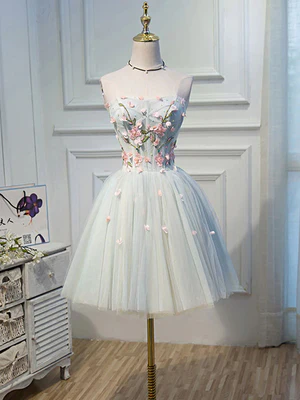 Lovely Strapless A Line Short Floral Tulle Prom Dresses, Short Floral Tulle Formal Homecoming Dresses GG046