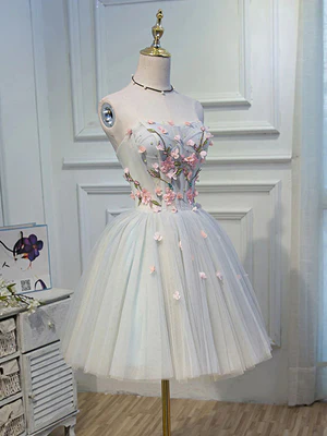 Lovely Strapless A Line Short Floral Tulle Prom Dresses, Short Floral Tulle Formal Homecoming Dresses GG046