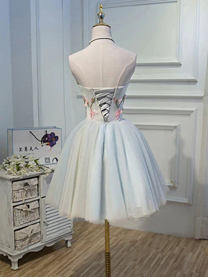 Lovely Strapless A Line Short Floral Tulle Prom Dresses, Short Floral Tulle Formal Homecoming Dresses GG046