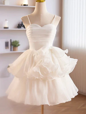 New Cute A Line Spaghetti Straps Sweetheart Neck Layered White Chiffon Prom Dresses, Short White Homecoming Dresses  GG049