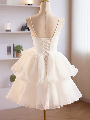 New Cute A Line Spaghetti Straps Sweetheart Neck Layered White Chiffon Prom Dresses, Short White Homecoming Dresses  GG049