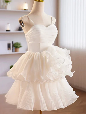 New Cute A Line Spaghetti Straps Sweetheart Neck Layered White Chiffon Prom Dresses, Short White Homecoming Dresses  GG049