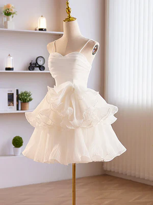 New Cute A Line Spaghetti Straps Sweetheart Neck Layered White Chiffon Prom Dresses, Short White Homecoming Dresses  GG049