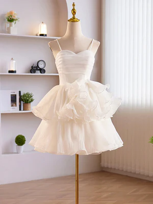 New Cute A Line Spaghetti Straps Sweetheart Neck Layered White Chiffon Prom Dresses, Short White Homecoming Dresses  GG049