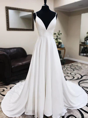 New A Line V Neck White Sweep Wedding Dresses with Lace Back, White V Neck Long Prom Dresses GG054