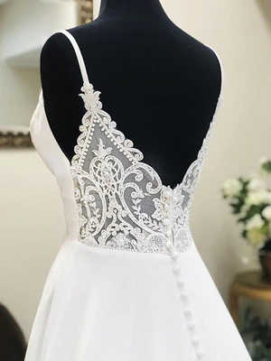 New A Line V Neck White Sweep Wedding Dresses with Lace Back, White V Neck Long Prom Dresses GG054