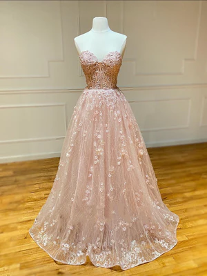 New Sweet A Line  Sweetheart Neck Champagne Pink Embroidery Flower Lace Prom Dresses, Formal Evening Dresses  GG073