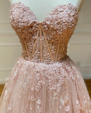 New Sweet A Line  Sweetheart Neck Champagne Pink Embroidery Flower Lace Prom Dresses, Formal Evening Dresses  GG073