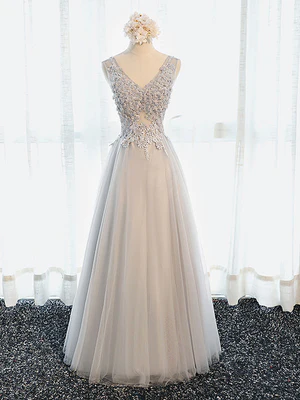 New Delicate  A Line V Neck Gray Floral Long Prom Dresses, V Neck Gray Long Floral Formal Bridesmaid Dresses GG082