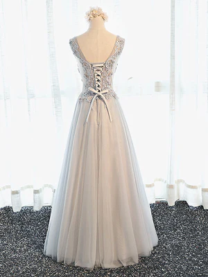 New Delicate  A Line V Neck Gray Floral Long Prom Dresses, V Neck Gray Long Floral Formal Bridesmaid Dresses GG082