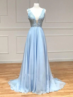 New A Line V Neck Blue Applique Lace Prom Dresses, Formal Graduation Dresses GG092