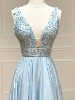 New A Line V Neck Blue Applique Lace Prom Dresses, Formal Graduation Dresses GG092