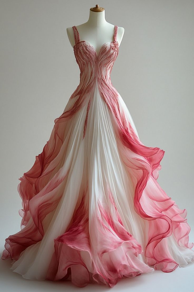 New Unique A-line Sweetheart Neckline White And Pink Gradient Ripple Skirt Long Ball Gown, Formal Evening Dress GG095