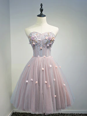 New Cute A Line Strapless Rose Pink Short Floral Prom Dresses, Short Graduation Homecoming Dress with Beaded Flower GG098