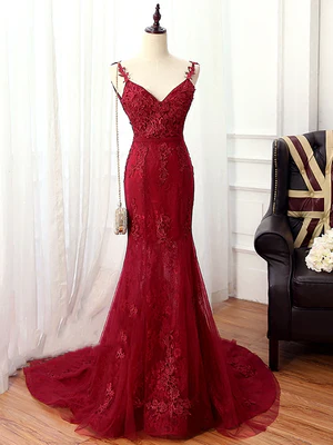 New  Bright Mermaid V Neck Burgundy Applique Lace Sweep Prom Dresses, Wine Red Mermaid Lace Formal Bridesmaid Dresses GG099