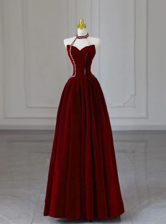 Unique A Line Halter Sweetheart Wine Red Velvet Long Prom Dress,Evening Dress GG1002