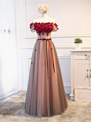 New Delicate A Line Off the Shoulder Short Sleeves Floral Long Prom Dresses, Floral Formal Bridesmaid Dresses GG100