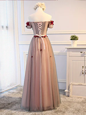 New Delicate A Line Off the Shoulder Short Sleeves Floral Long Prom Dresses, Floral Formal Bridesmaid Dresses GG100