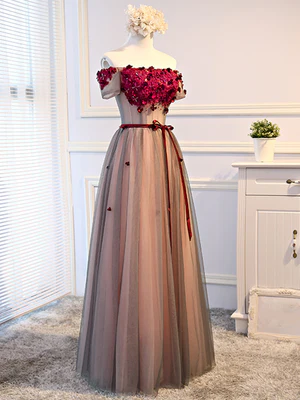 New Delicate A Line Off the Shoulder Short Sleeves Floral Long Prom Dresses, Floral Formal Bridesmaid Dresses GG100