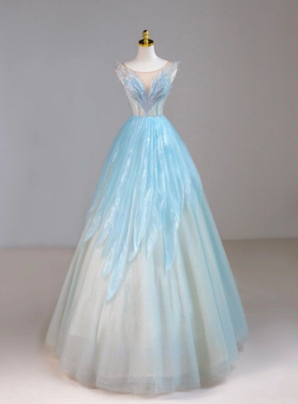 Beautiful A Line Sheer Straps Pale Blue Tulle Long Prom Dress,Evening Dress GG1015