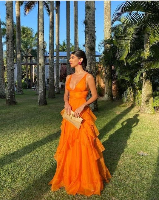 Charming A Line Spaghetti Straps V Neck Orange Organza Long Prom Dress,Evening Dress GG1020