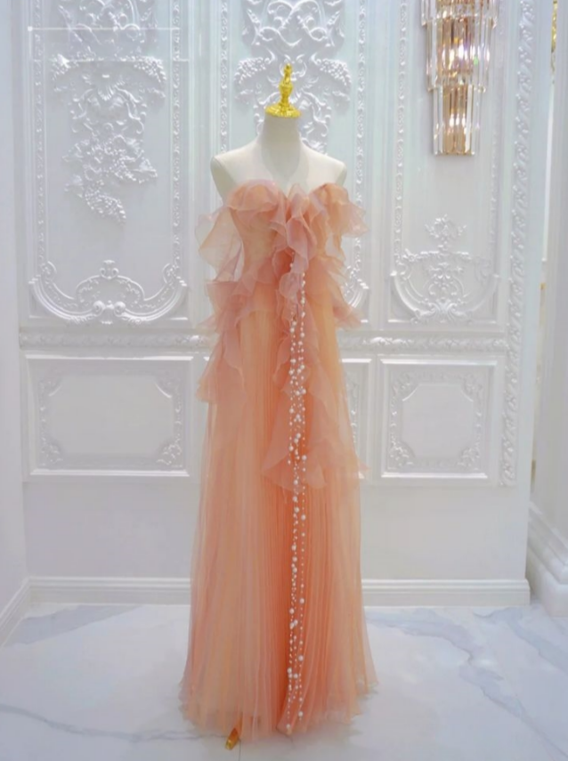 Gorgeous A Line Straoless Pastel Orange Tulle Beading Long Prom Dress,Evening Dress GG1030