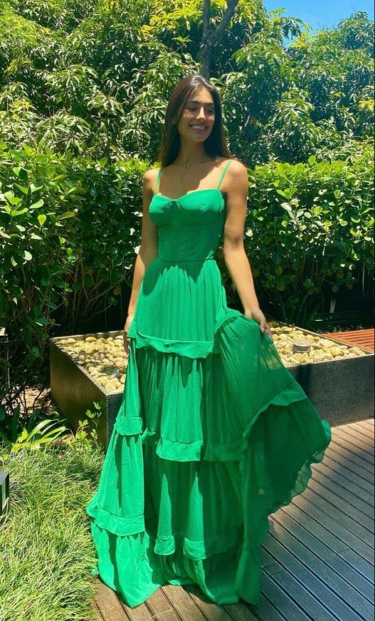 Charming A Line Spaghetti Straps Sweetheart Green Chiffon Long Prom Dress,Evening Dress GG1037