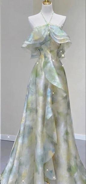 New Elegant A Line Halter Chiffon Ombre Green Long Prom Dresses, Evening Dresses GG104