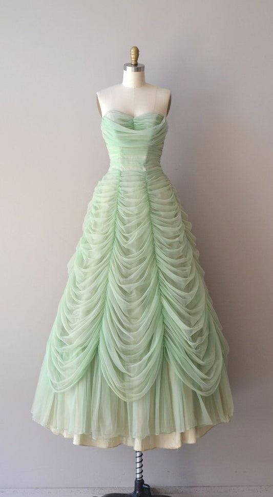 Chic A Line Strapless Sweetheart Sage Tulle Pleats Long Prom Dress,Evening Dress GG1041