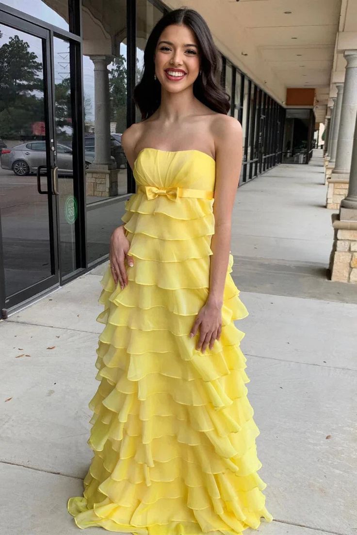 Cute A Line Strapless Yellow Chiffon Tiered Bow Long Prom Dress,Evening Dress GG1074