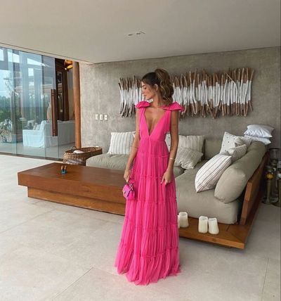 Beautiful A Line Bow Straps V Neck Hot Pink Tulle Backless Long Prom Dress,Evening Dress GG1091