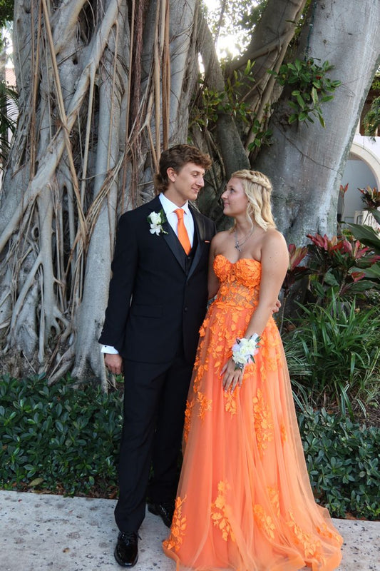 Chic A Line Strapless Sweetheart Orange Tulle Applique Long Prom Dress,Evening Dress GG1095