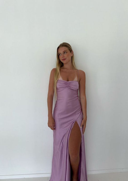 Simple Mermaid Spaghetti Straps Lilac Satin Slit Long Prom Dress,Evening Dress GG1115