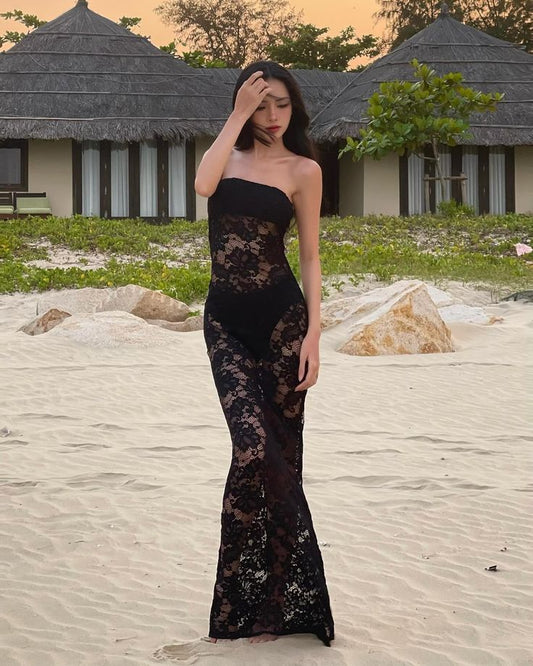 Sexy Mermaid Strapless Black Lace Long Prom Dress,Evening Dress GG1121